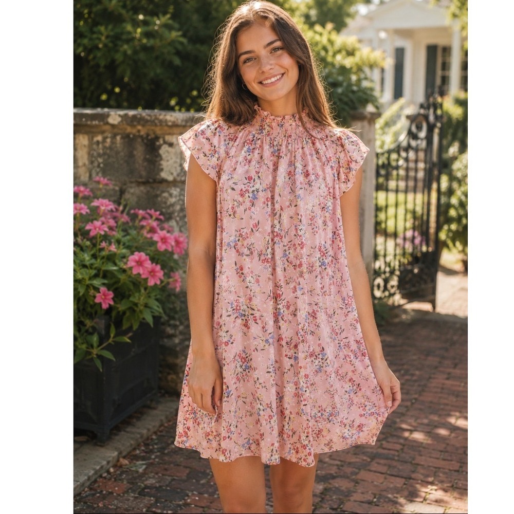 CODE X MODE Pink Floral Smocked High Neck‎ Flutter Sleeve Shift dress XS  Mini